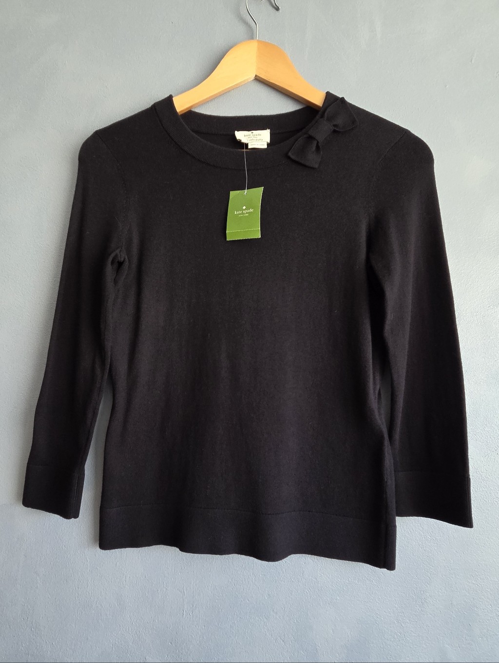 Nwt, Kate Spade Bow & Crew Neck Basic Black Sweater, Size Xs
